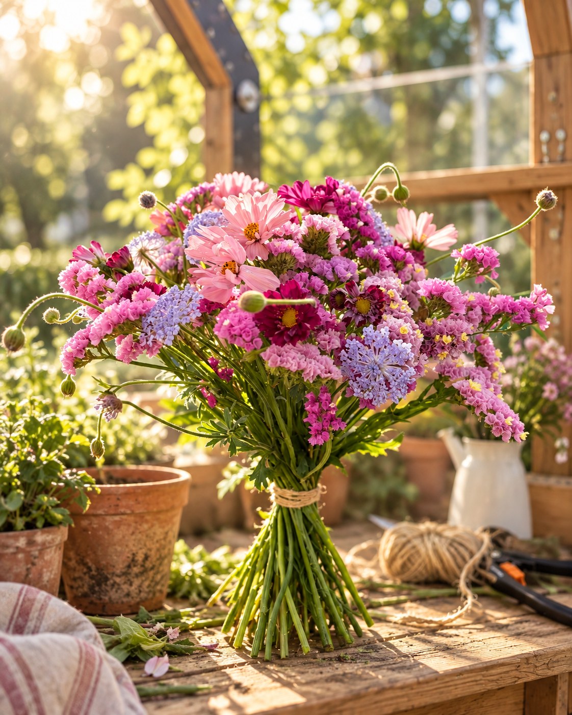 Handplockad bukett med snittblommor bunden med jutesnöre på arbetsbordet i växthuset, med terrakottakrukor, snöre och sekatör